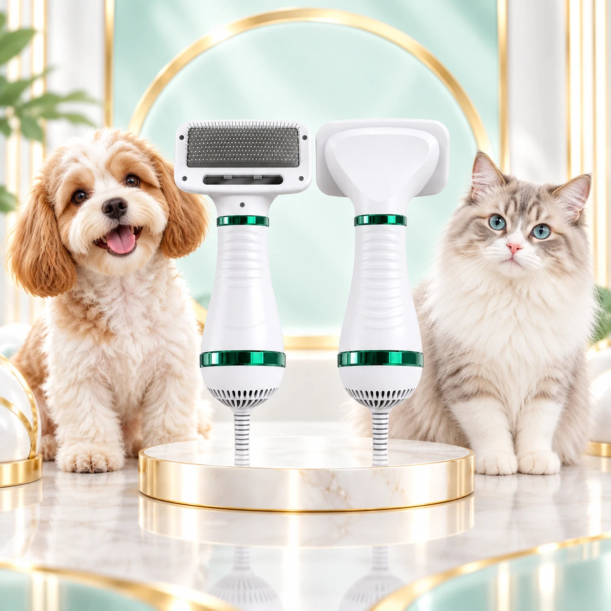PetDry Pro junto a un perro y un gato: cepillo secador para el cuidado en casa
