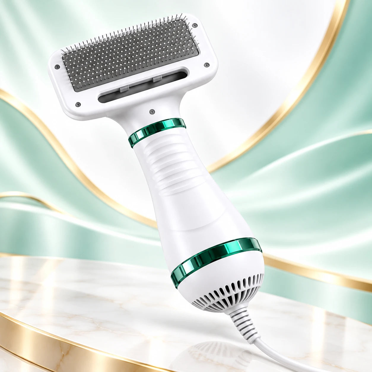 PetDry Pro: cepillo secador blanco con detalles verde agua, cabezal de púas y cable