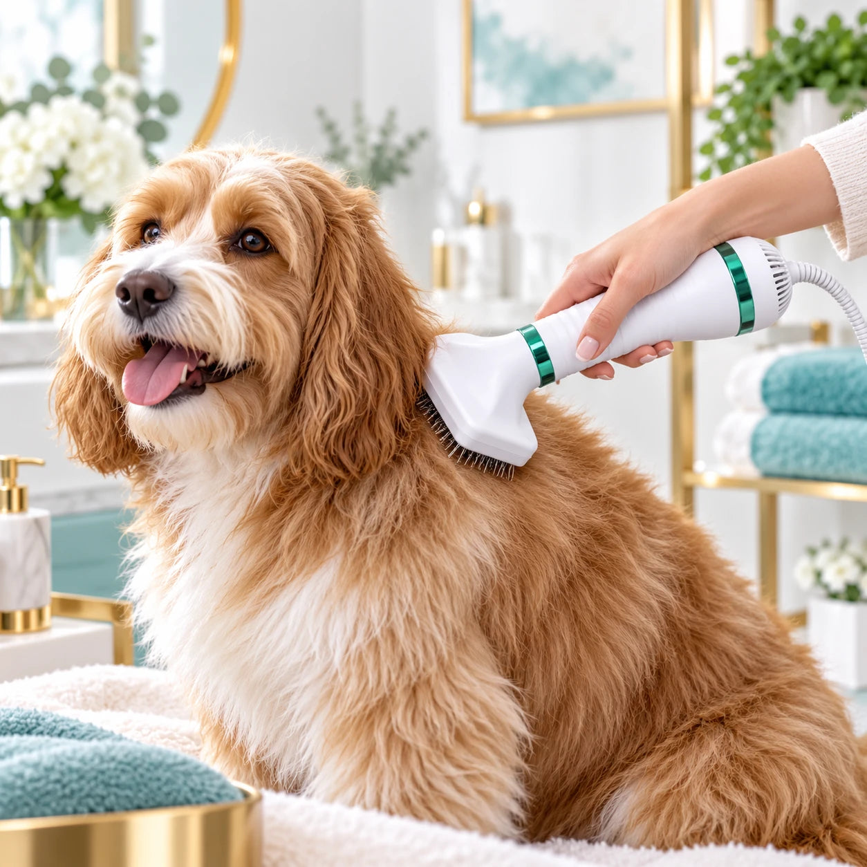 Escena de cuidado en casa con PetDry Pro y un perro de pelo largo