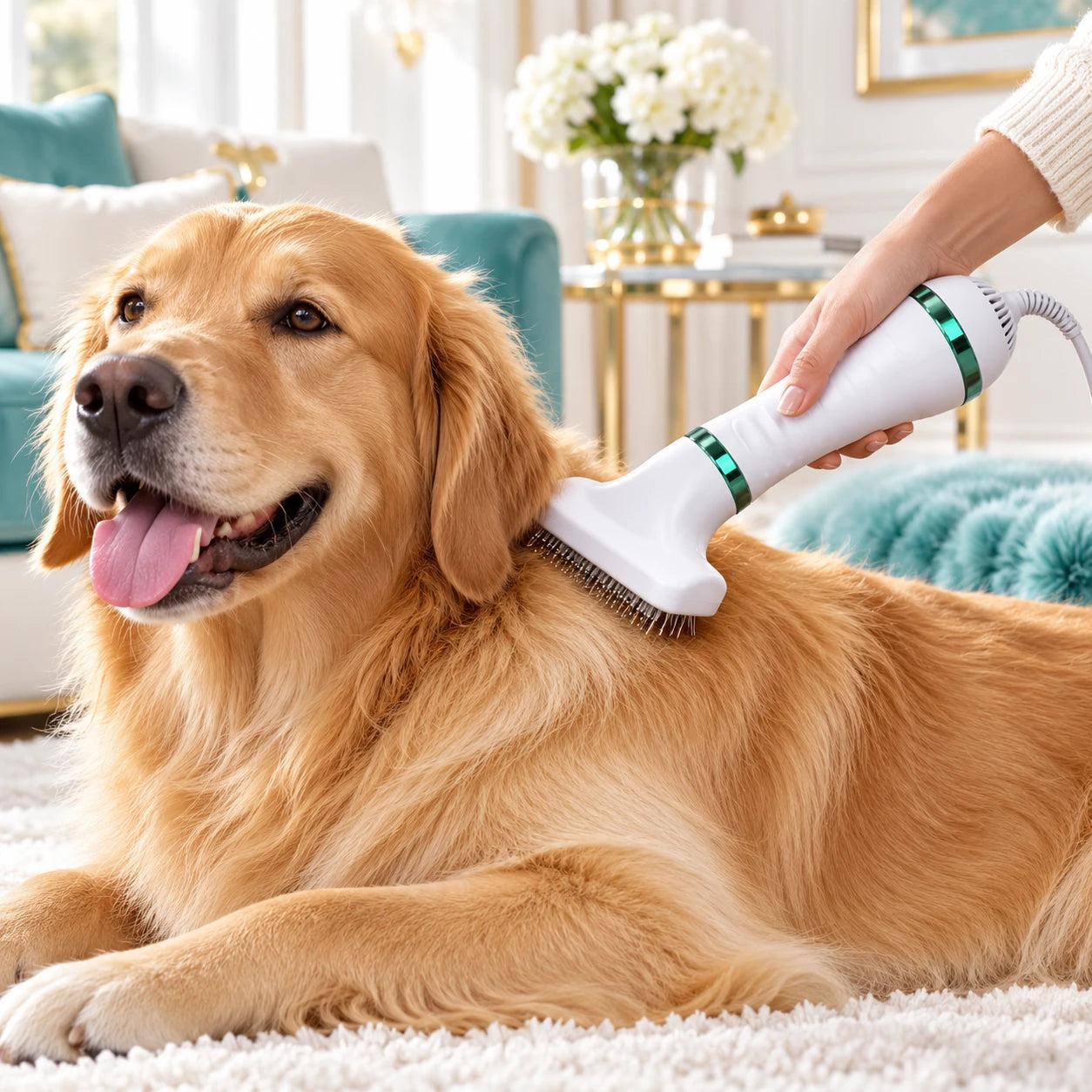 Perro relajado durante el cepillado con PetDry Pro