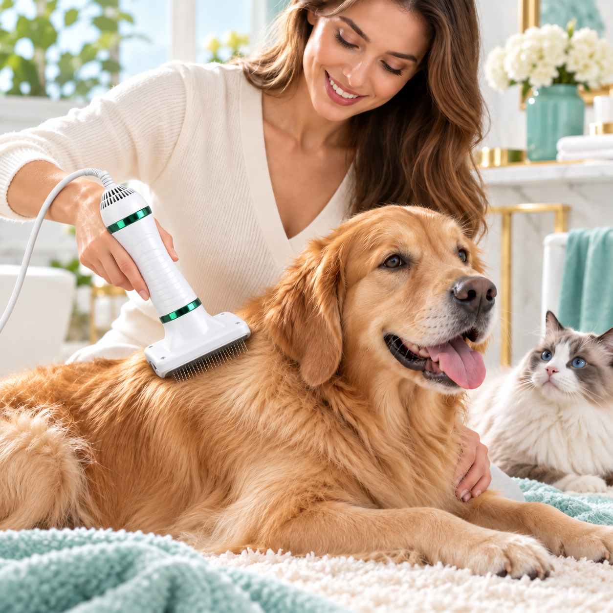 Mascota después de un paseo mojado, lista para secado con PetDry Pro
